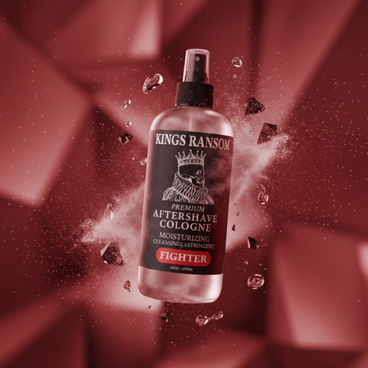 Kings Ransom aftershave cologne fighter bottle with a red abstract background