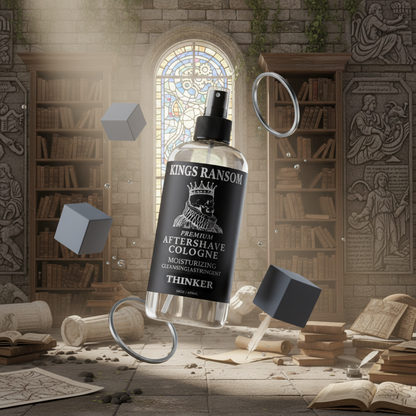 Bottle of Kings Ransom aftershave cologne thinker in a vintage library setting